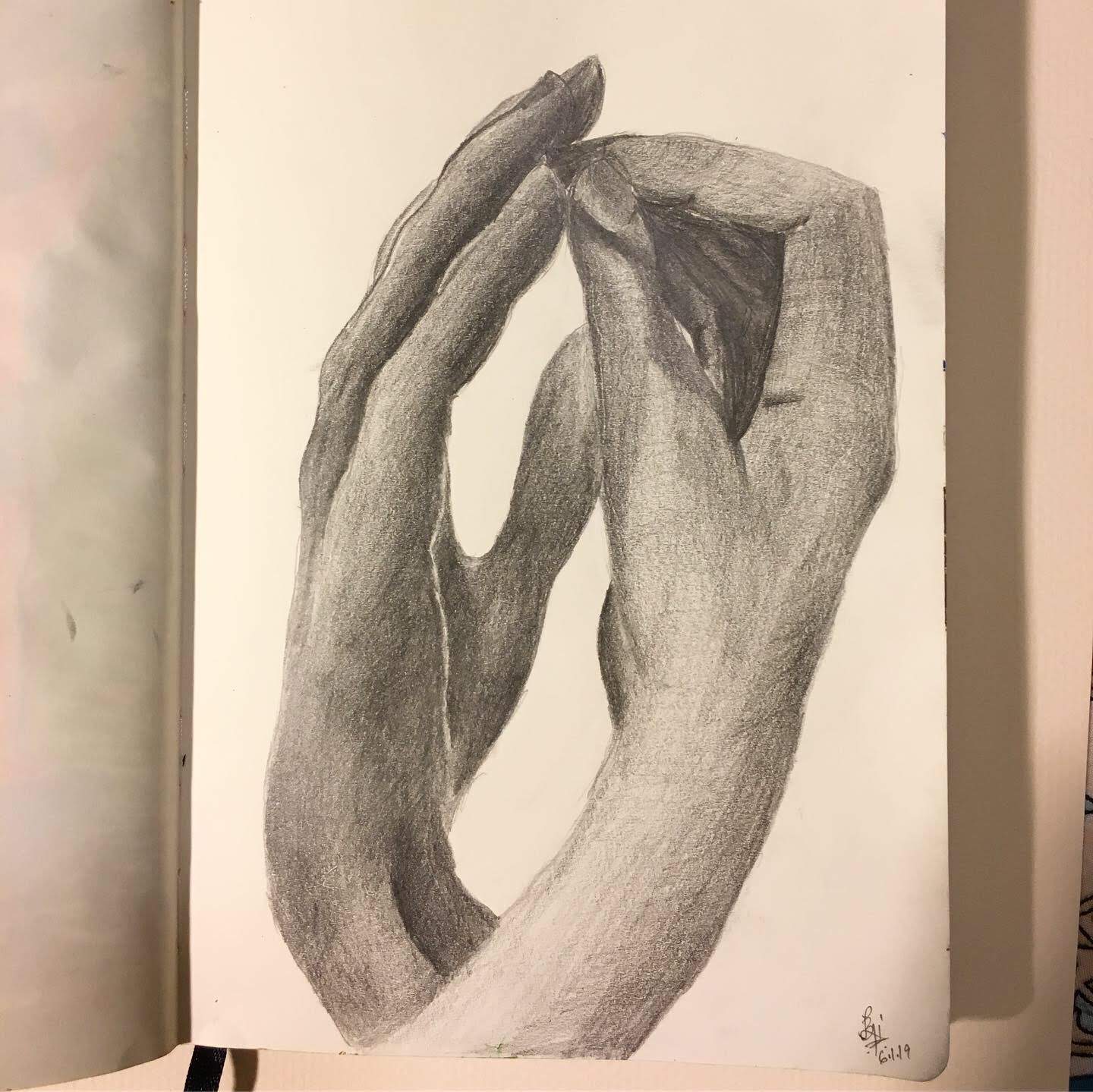 Observation drawing of Rodin's hands sculpture Cathedral